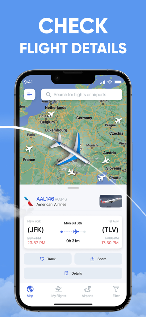 Interfaz de la aplicación Flight Tracker mostrando un mapa en vivo y detalles de vuelo específicos para un vuelo de American Airlines entre JFK y TLV