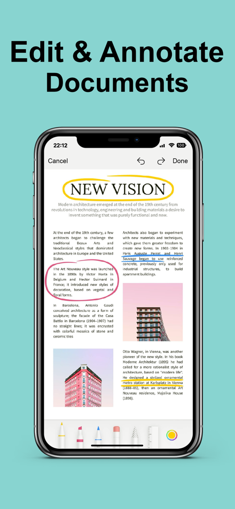 True Scanner app interface showing how to edit and annotate a PDF document on an iPhone