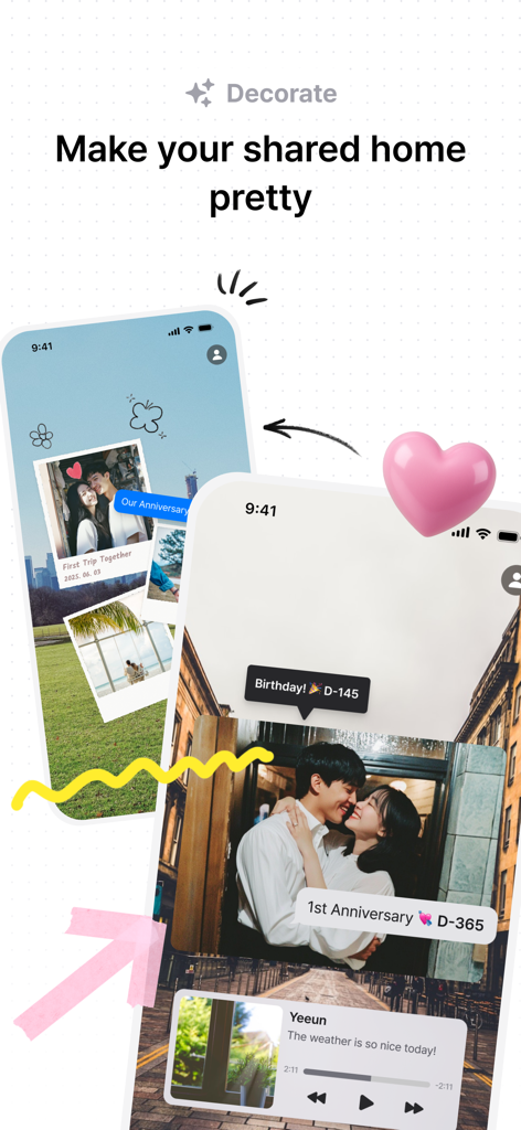 Lubble: Couple Calendar&To-do - Two phone screens showing how couples can personalize their shared digital space with photos, anniversary countdowns, and aesthetic stickers in the Lubble app.