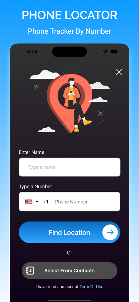 Interface do aplicativo Localizador de Telefone mostrando campos para inserir um nome e número de telefone para encontrar uma localização em um mapa.