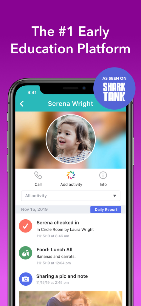 A smartphone showing the brightwheel app daily activity report for a child including check-in status and lunch updates.