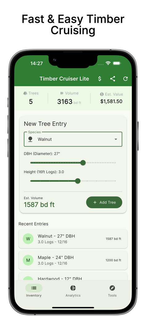 Timber Cruiser: Log Calculator - Timber Cruiser app interface for entering tree species and calculating timber volume and value