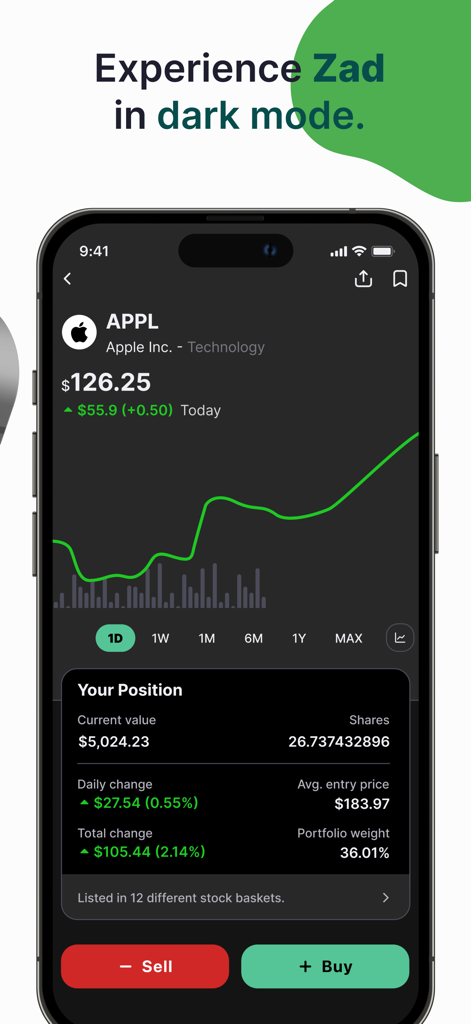 Zad Fintech - Zad Fintech app interface in dark mode showing Apple stock performance and trading options