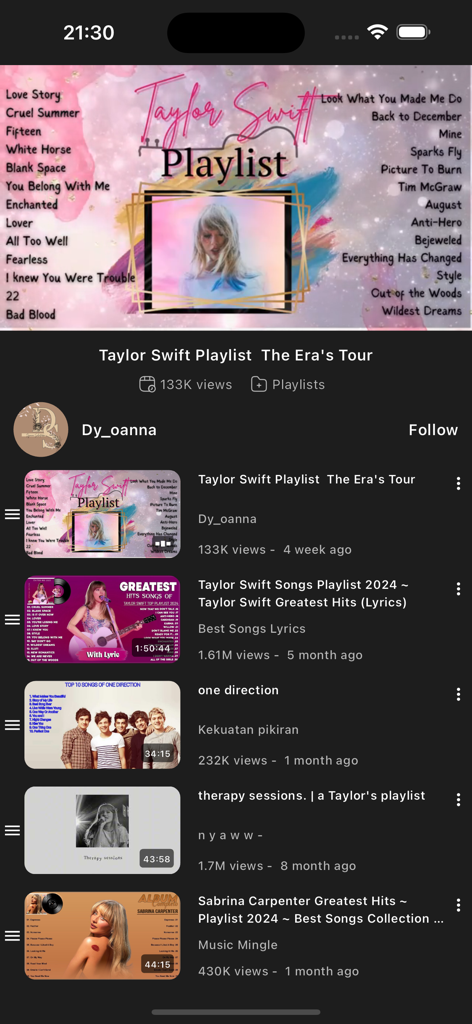 Play Tube App zeigt eine Musikvideo-Playlist mit Taylor Swift und angesagten Künstlern.