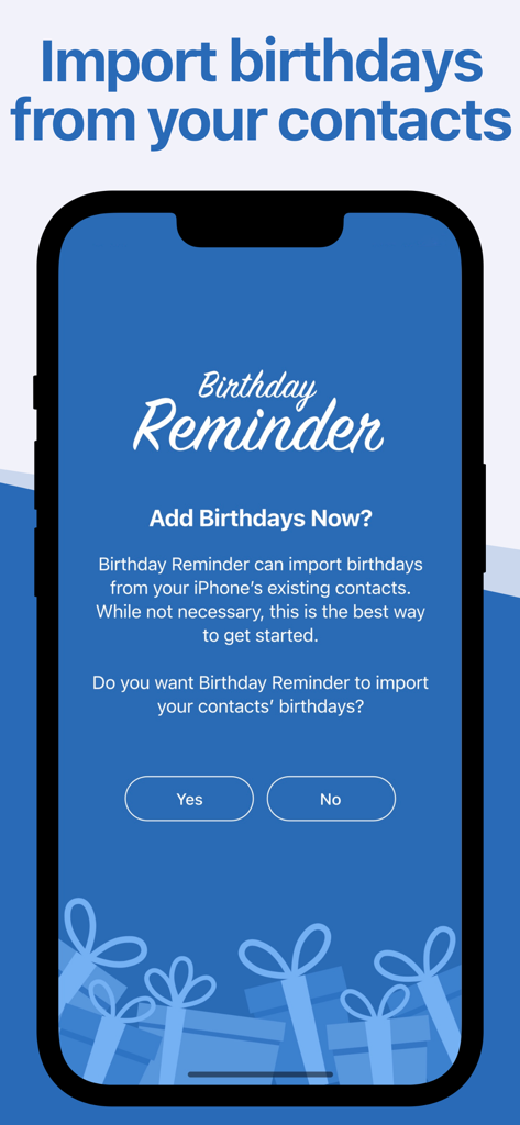 A smartphone screen from the Birthday Reminder app prompt asking the user to import birthdays from their phone contacts.