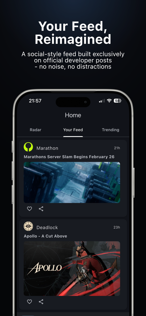 PatchRadar - Mobile screen showing the PatchRadar feed with official game developer updates for Marathon and Deadlock