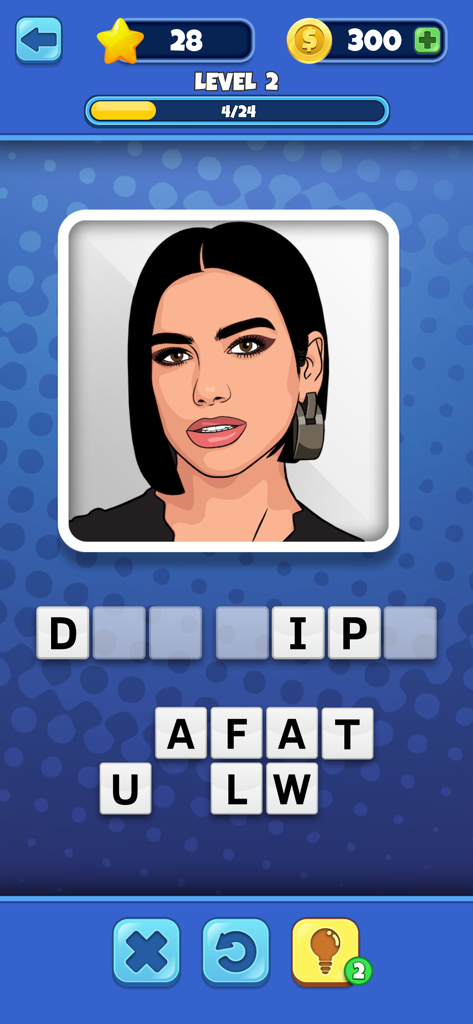 Who is it? Celeb Quiz Trivia - Gameplay of Who is it? Celeb Quiz Trivia showing a drawing of celebrity Dua Lipa to guess in level two.