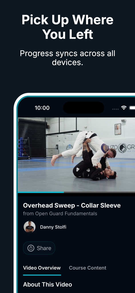 Digitsu - BJJ Library - Pantalla de smartphone mostrando un video de instrucción de Jiu Jitsu Brasileño en la aplicación Digitsu con un mensaje sobre la sincronización del progreso entre dispositivos