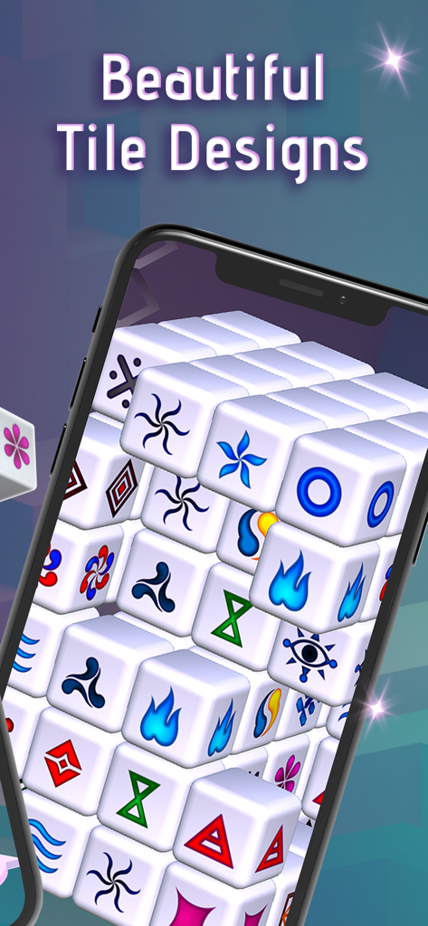 Mahjong Dimensions 3D cube game showing beautiful tile designs on a smartphone screen