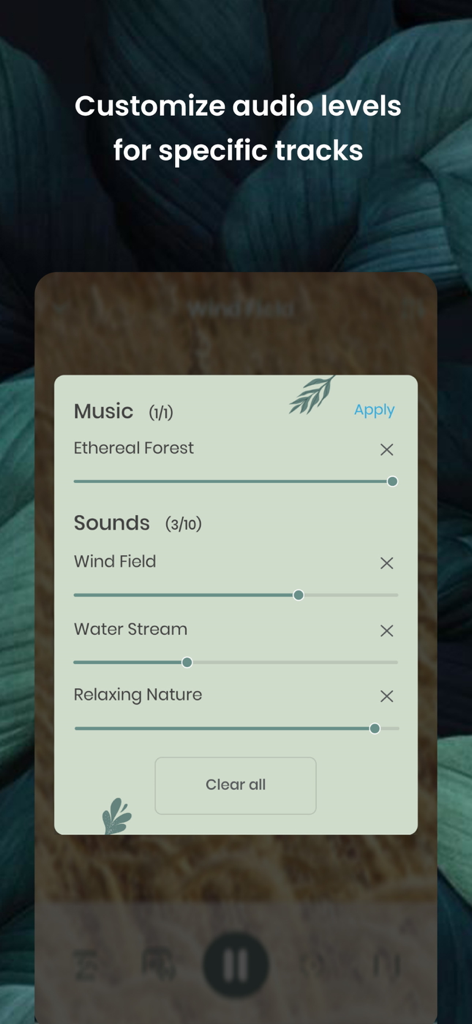 Meditation Music: Sleep Sounds - Interface showing volume controls for mixing meditation music and nature sounds.