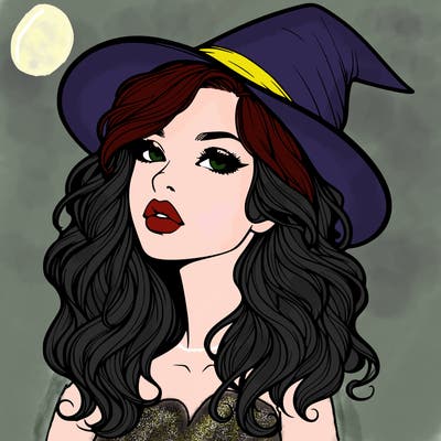 realistic witch girl with wavy hair and lips