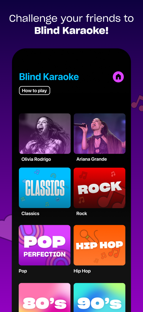 Blind Karaoke - Blind Karaoke app interface showing song categories like Olivia Rodrigo Ariana Grande Rock and Hip Hop