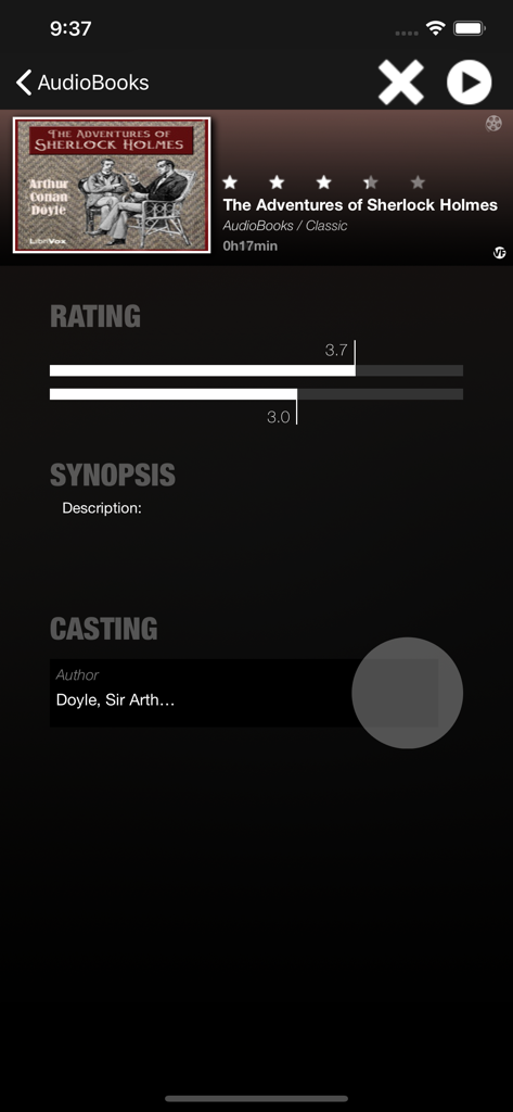 Pantalla de la aplicación AudioBooks mostrando detalles y calificaciones del libro Sherlock Holmes