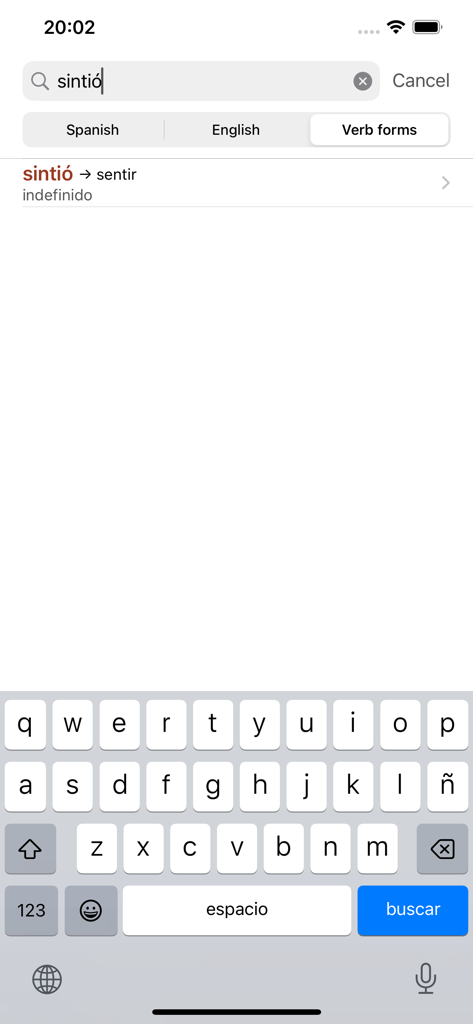 Interfaz de búsqueda de la aplicación VerbForms Espanol mostrando resultados de conjugación para un verbo en español