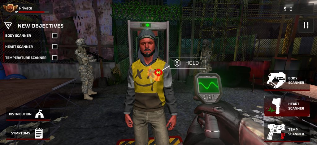 Survival Zone: Zombie Outbreak - Gameplay of using a heart scanner at a zombie quarantine checkpoint