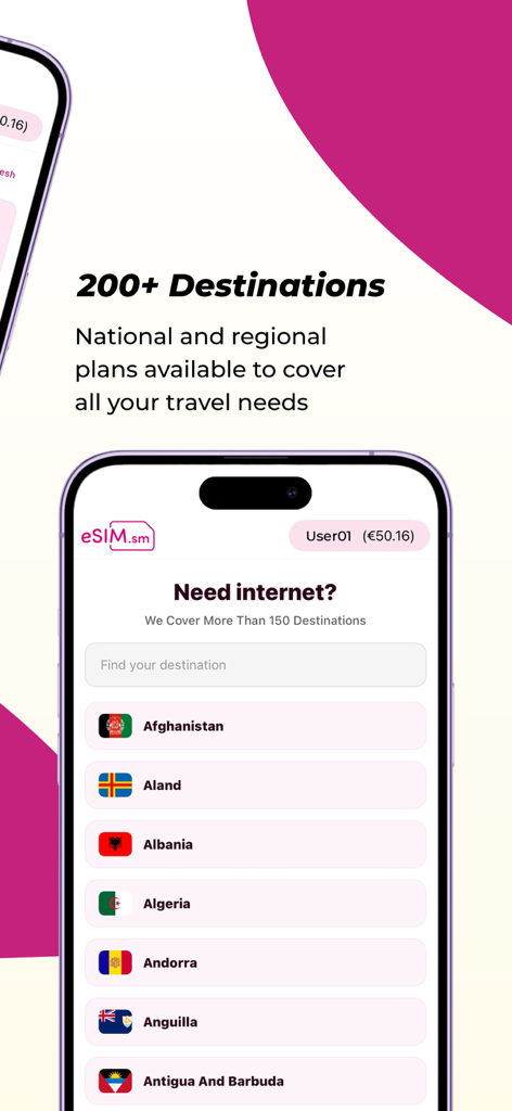 Écran de smartphone affichant une liste de destinations mondiales pour les forfaits eSIM de voyage