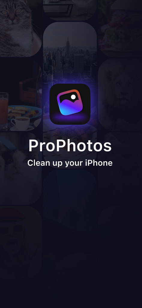 AI Cleaner Pro Photos splash screen displaying the app logo and tagline Clean up your iPhone