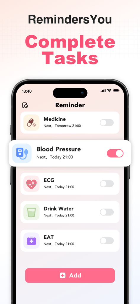 AuraFlow AI - Smart BP Tracker - Pantalla de smartphone de AuraFlow AI que muestra recordatorios de salud para medicamentos, presión arterial e hidratación.
