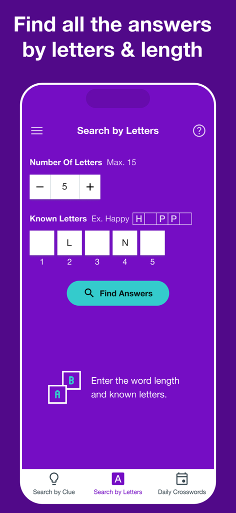 Crossword Solver Plus - Crossword Solver Plus app interface showing the search by letters and word length feature