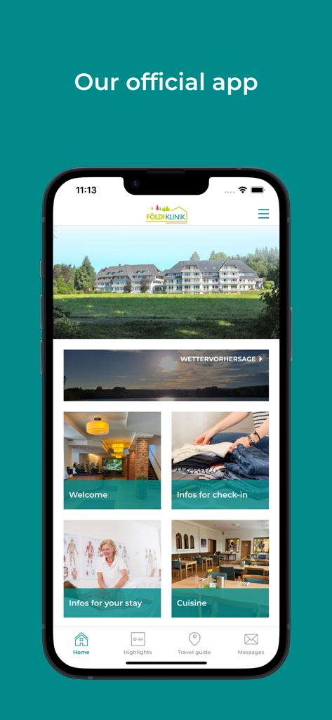 Földiklinik - Startbildschirm der Földiklinik-Mobil-App mit Kacheln für medizinische Aufenthaltsinformationen und Reiseführer.