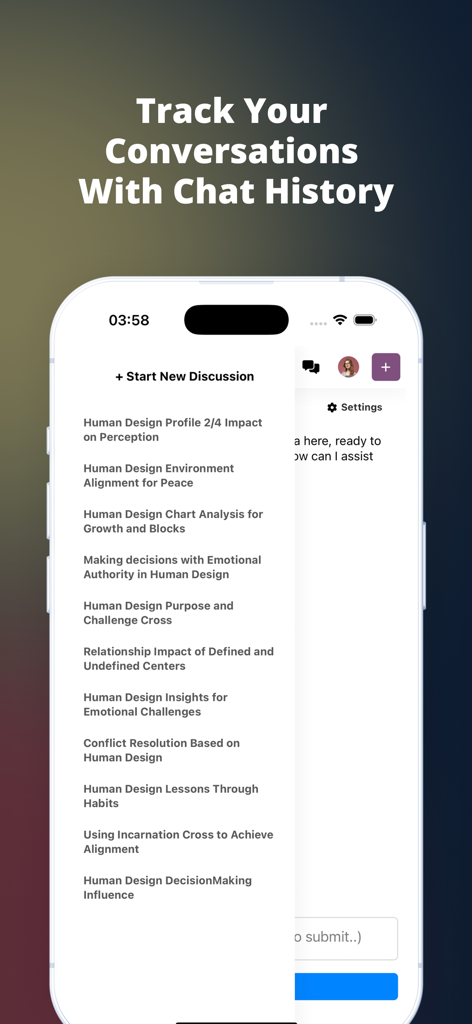 HumanDesign.ai - HumanDesign.ai mobile app chat history interface displaying a list of AI-powered conversations about personal charts and profiles