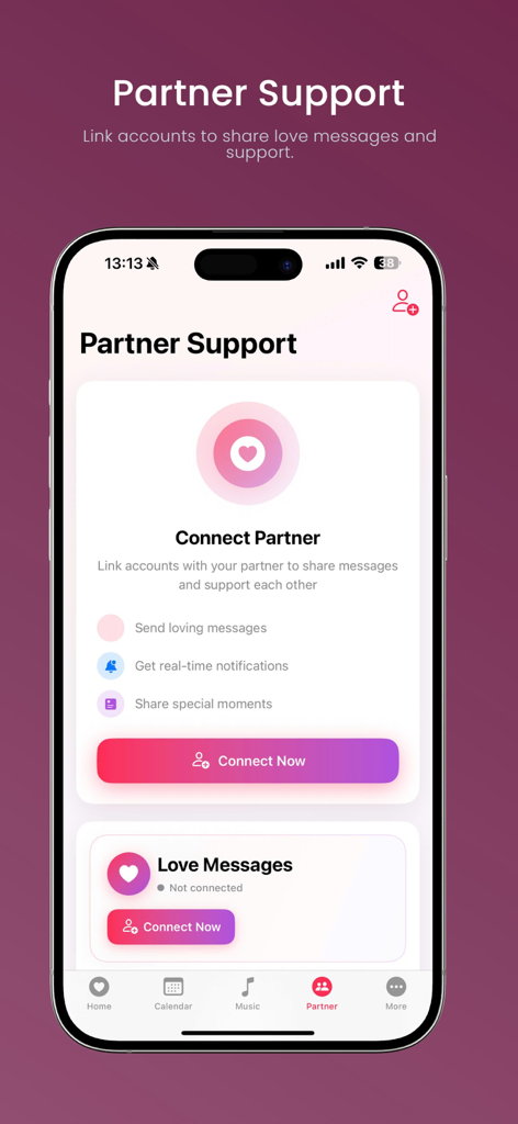 MaMaTrack: Mom's Journey - Pantalla de la aplicación móvil MaMaTrack que muestra la función de Apoyo a la Pareja para vincular cuentas y compartir mensajes durante el embarazo.
