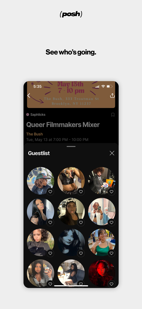 A mobile screen showing the guest list of an event with profile pictures of attendees on the Posh app.