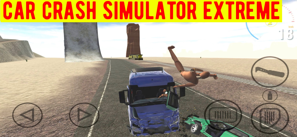 Car Crash Simulator Extreme - Gameplay screenshot of Car Crash Simulator Extreme showing a blue truck crashing into a car with a crash test dummy flying through the air