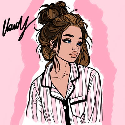 realistic woman with pajamas on and a messy bun