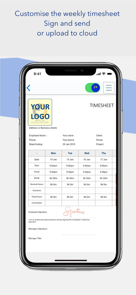 Timesheet Plus - Weekly timesheet report with digital signatures and custom logo on mobile app