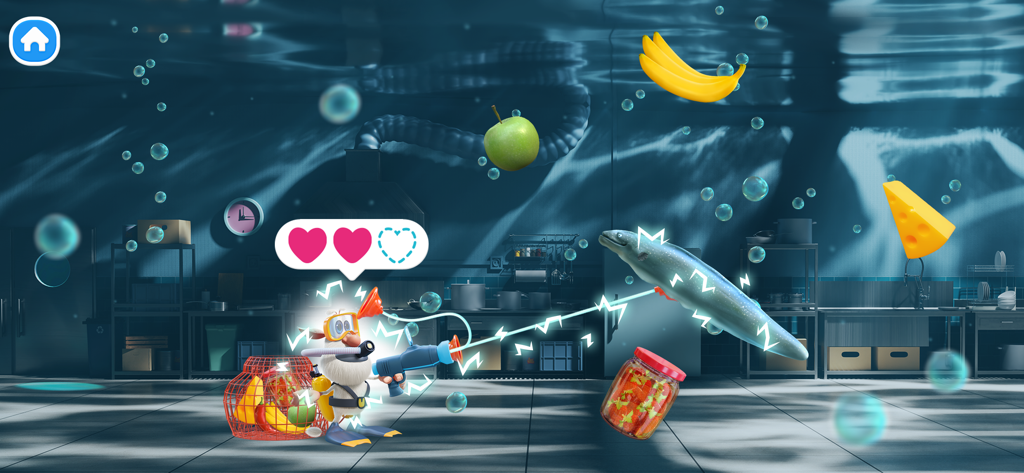 Booba Kitchen: Cooking Food - Booba character in scuba gear playing an underwater mini game in Booba Kitchen