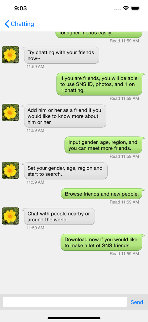 Friends Talk - Chat New People - A screenshot of the Friends Talk app chat screen showing a conversation with instructions on how to find and message new people.