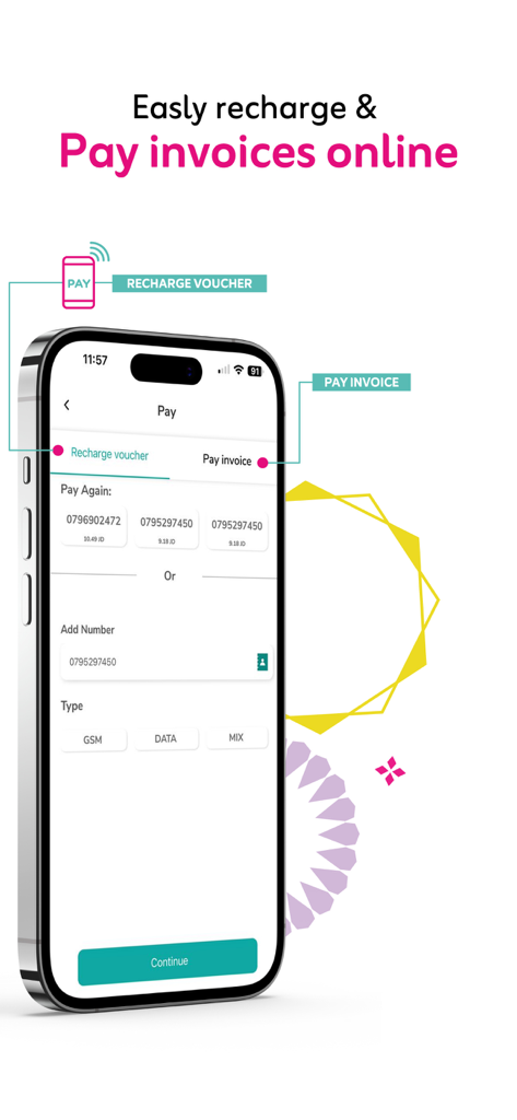 Zain Jo - Zain Jo mobile app screen showing options to recharge vouchers and pay invoices online