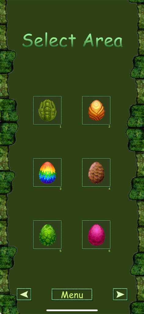 Area selection menu screen featuring six different colored dinosaur eggs in the Egg Shoot Dino mobile game.