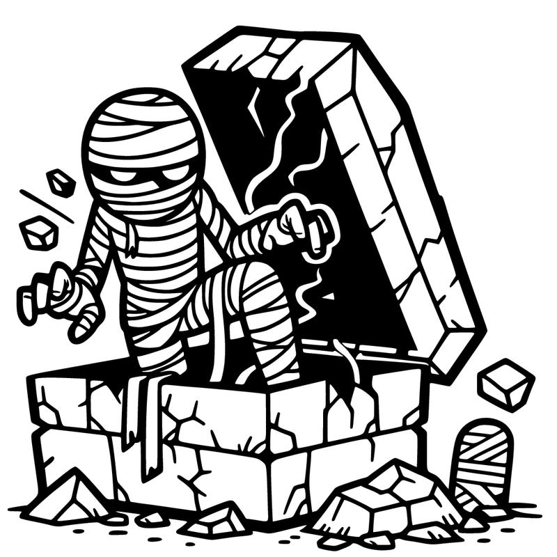 mummy breaking out of a tomb