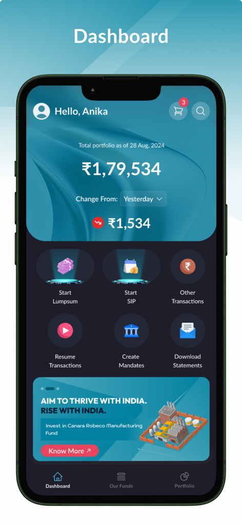 Dashboard screen of the smarT Investor Canara Robeco app showing portfolio value and quick investment links