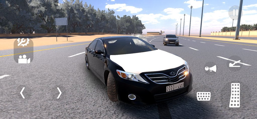 Highway Drifter: Hajwala Drift - A black sedan with a white hood performing a hajwala drift on a highway in the Highway Drifter mobile game.