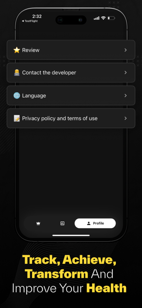 Pantalla de perfil de la aplicación Habithaven mostrando la configuración de revisiones, idioma y contacto del desarrollador con el lema Track Achieve Transform.