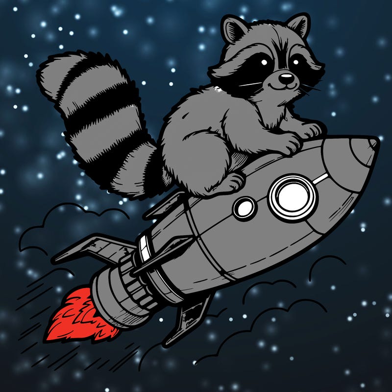 realistic raccoon flying on top rocket ship