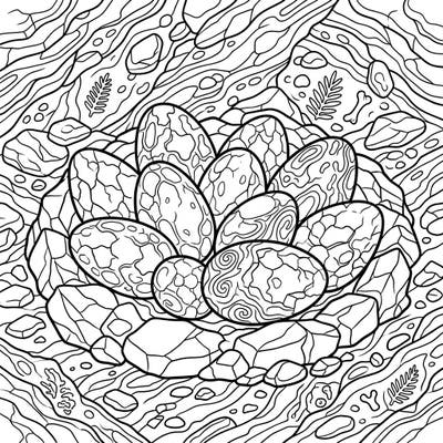 Journey back in time with this captivating coloring page featuring a nest of elongated dinosaur eggs. Dive into an intricate prehistoric scene filled with fascinating patterns and rocky textures.