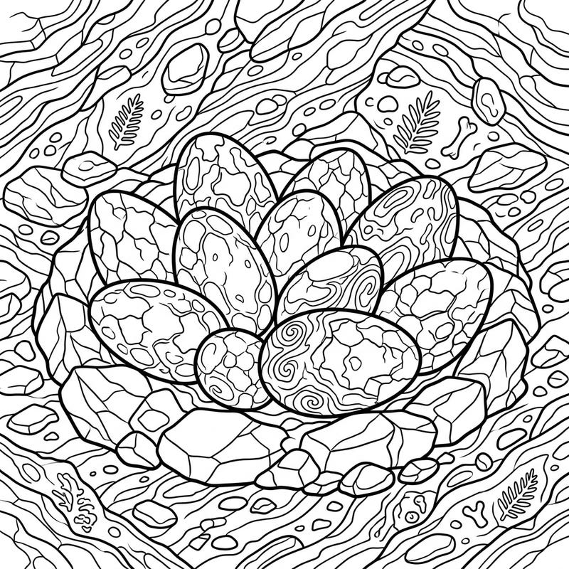 Journey back in time with this captivating coloring page featuring a nest of elongated dinosaur eggs. Dive into an intricate prehistoric scene filled with fascinating patterns and rocky textures.
