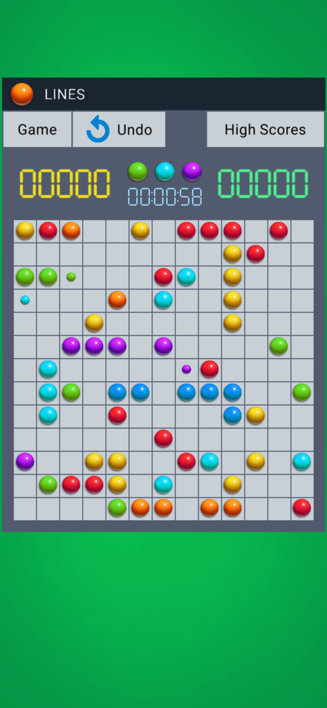 Gameplay of Color Lines 98 puzzle game showing colored balls on a classic grid