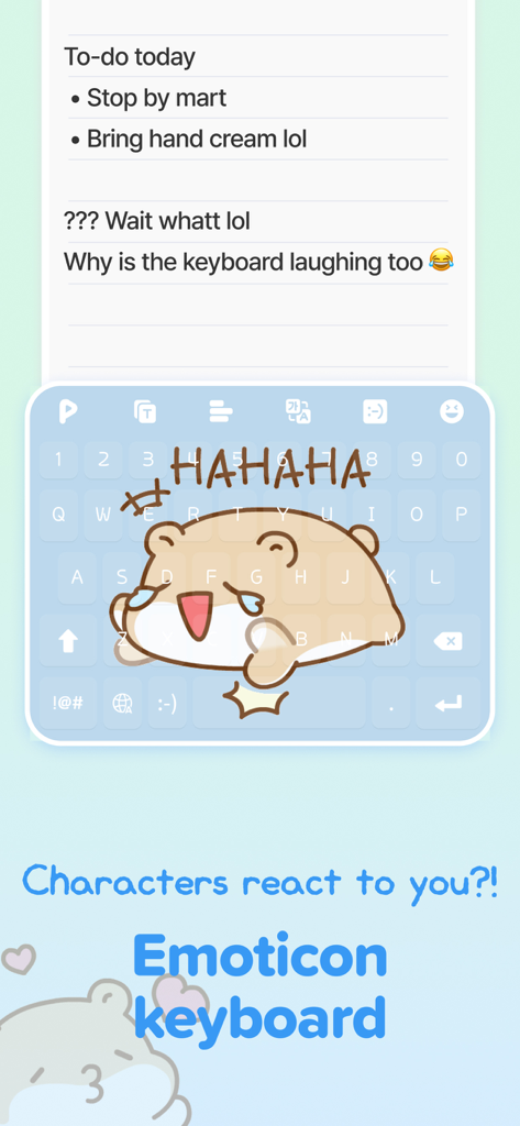 PlayKeyboard - Fonts, Emoji - Un personaje animado riendo en la interfaz de PlayKeyboard en respuesta a un mensaje de texto.