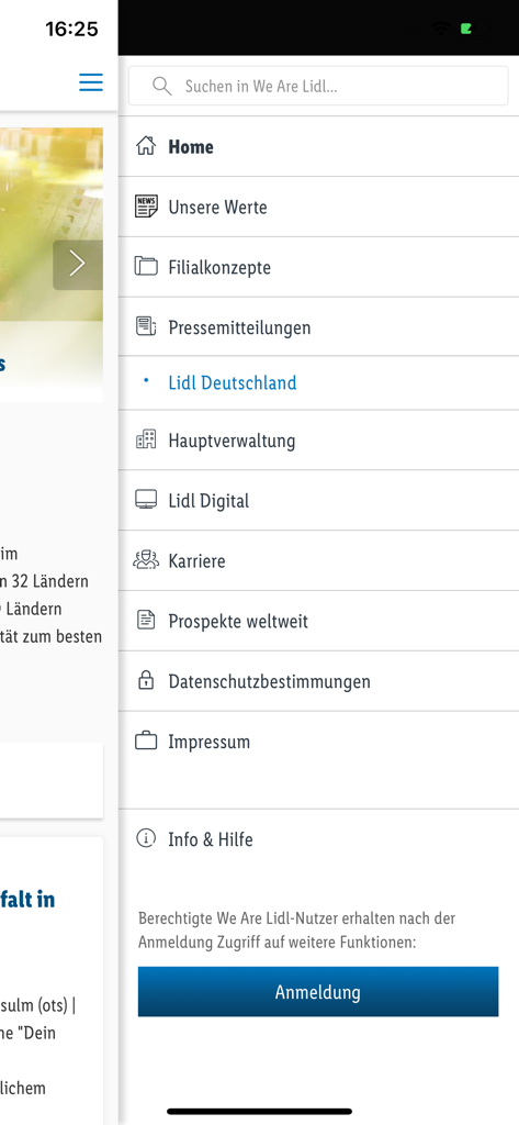 We Are Lidl - A screenshot of the We Are Lidl app navigation menu displaying corporate categories like Home, Our Values, Careers, and a login button.