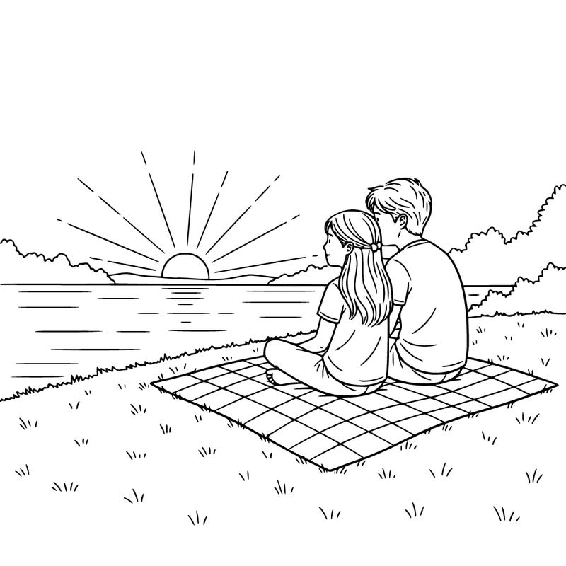 a realistic boy girl couple sitting on a picnic blanket watching the sunset on the lake