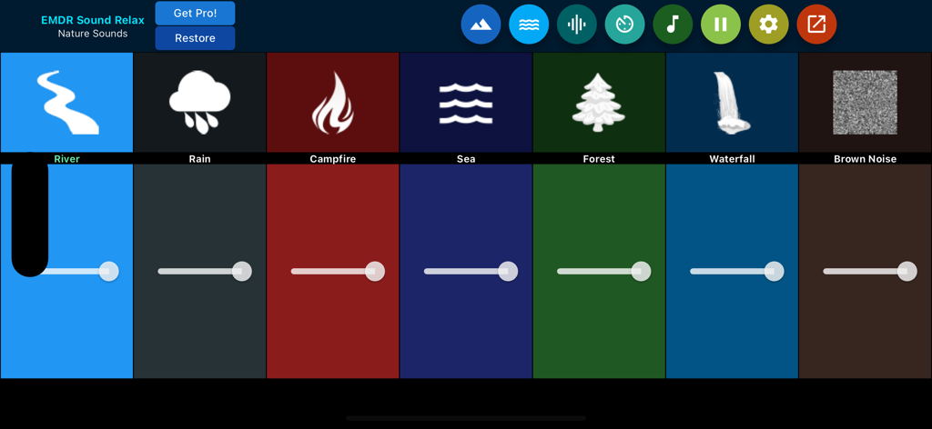 Nature sounds selection screen in EMDR Sound Relax app featuring volume controls for river rain campfire and sea sounds