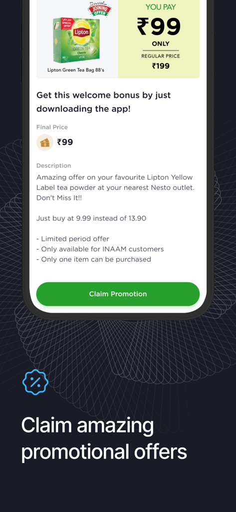 INAAM - Captura de pantalla de la aplicación Inaam que muestra una oferta de bonificación de bienvenida en té Lipton con un botón de reclamar promoción.