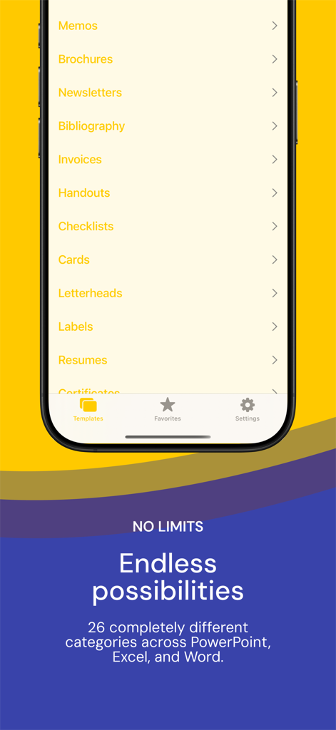 Liste des catégories de documents professionnels dans l'application Modèles pour Office Pro, y compris les factures et les CV.