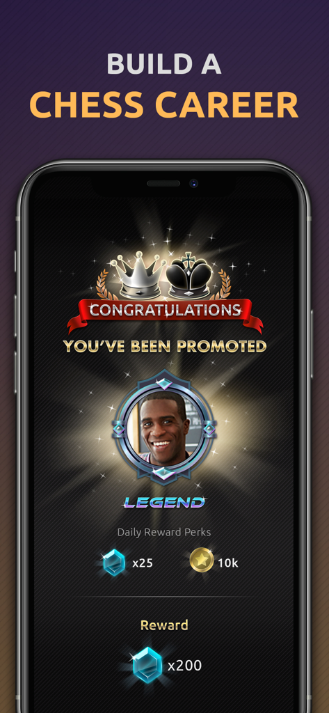 Chess Online - 2 Player Games - Pantalla de promoción para construir una carrera de ajedrez mostrando el rango de leyenda y recompensas