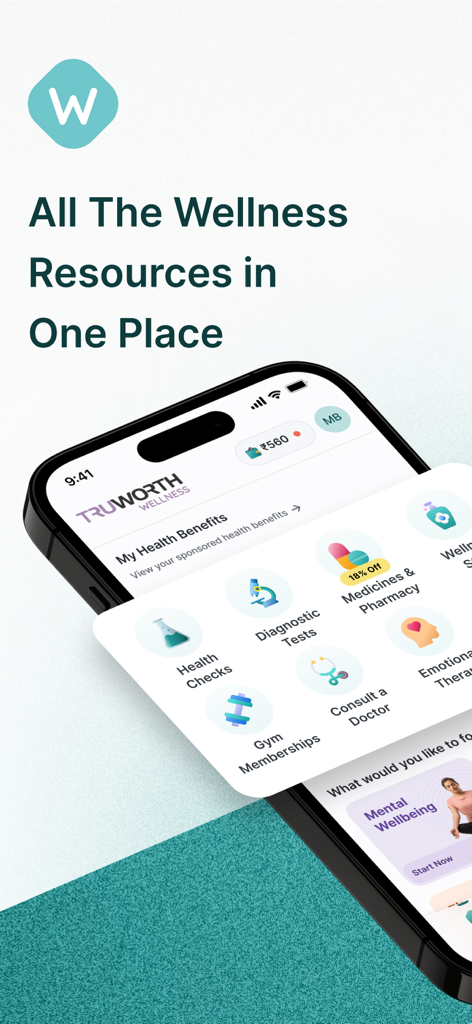 O ecrã inicial da aplicação The Wellness Corner mostrando benefícios de saúde, como adesões a ginásios e consultas médicas.